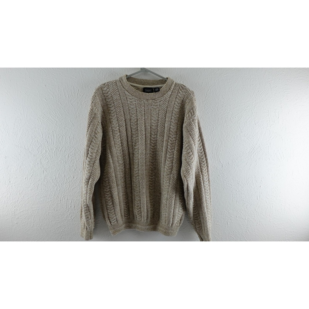 Haggar Sweater Men's Size L Beige Ribbed Knit Crew Neck Pullover Fisherman 90s